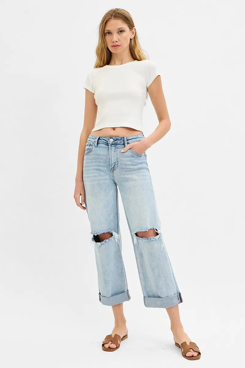 Mid Rise Fit Boyfriend Jeans with Cuff With Plus Size Risen