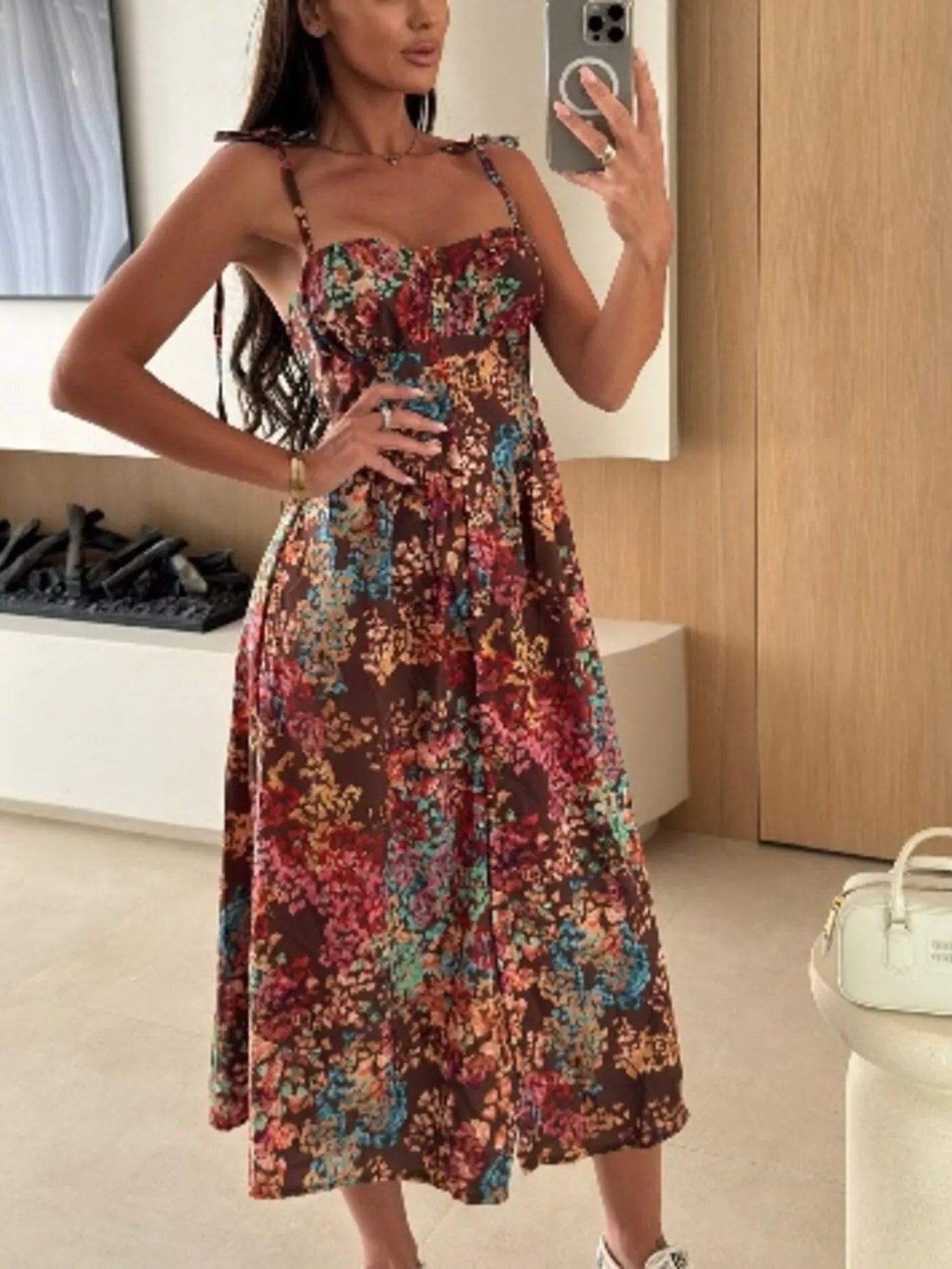 Printed Tie-Strap Midi Dress Simmer & Fay