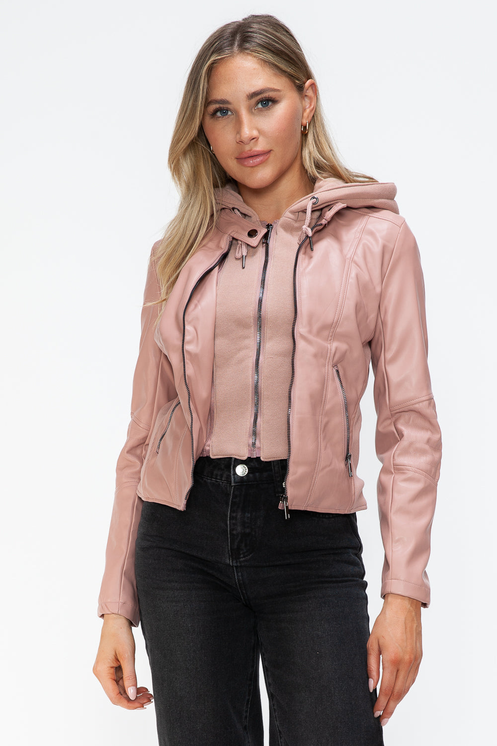 Faux Leather Zip Up Drawstring Hooded Jacket Snobbish Mauve S