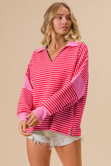 Striped Wide Collar Contrast Long Sleeve Knit Top BiBi   