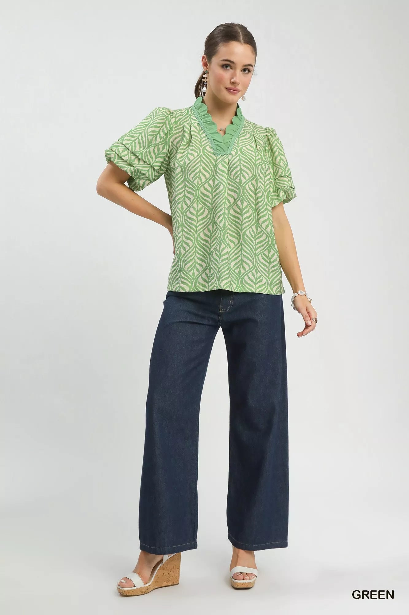 Printed Puff Sleeve Ruffle Neck Top Umgee