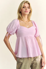 Solid Elastic Peplum Puffed Sleeves Blouse Davi & Dani