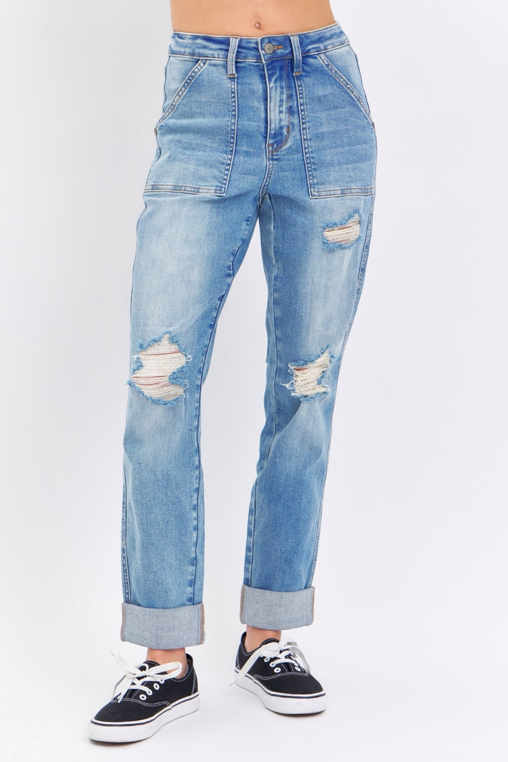 Distressed Straight Jeans with Patch Pockets Judy Blue   