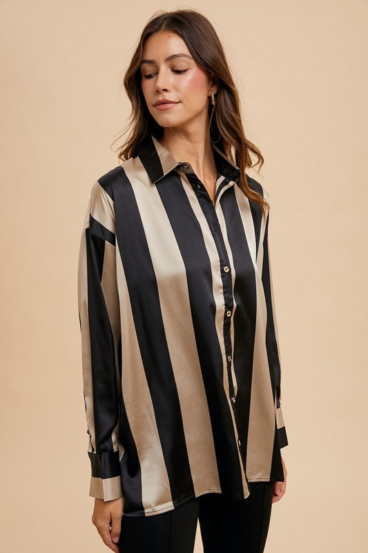 Striped Dropped Shoulder Button Up Shirt Annie Wear