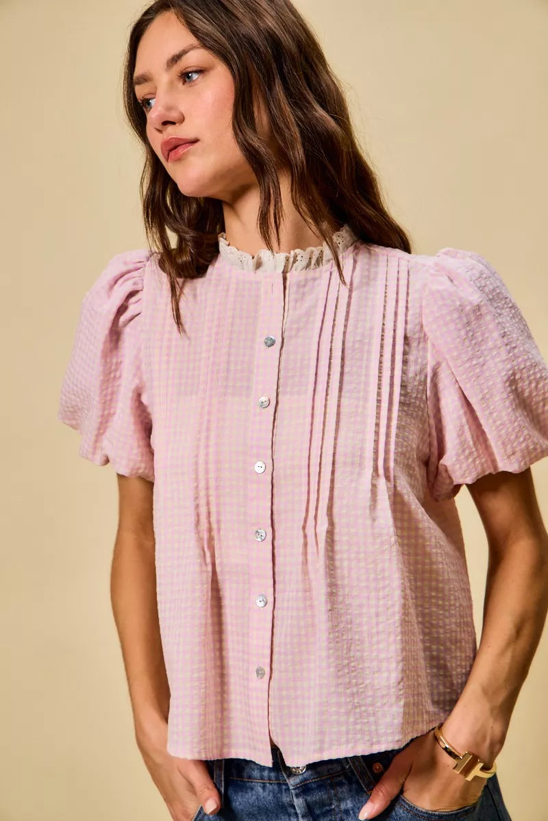 Gingham Lace Trim Button Bubble Sleeves Blouse So Me