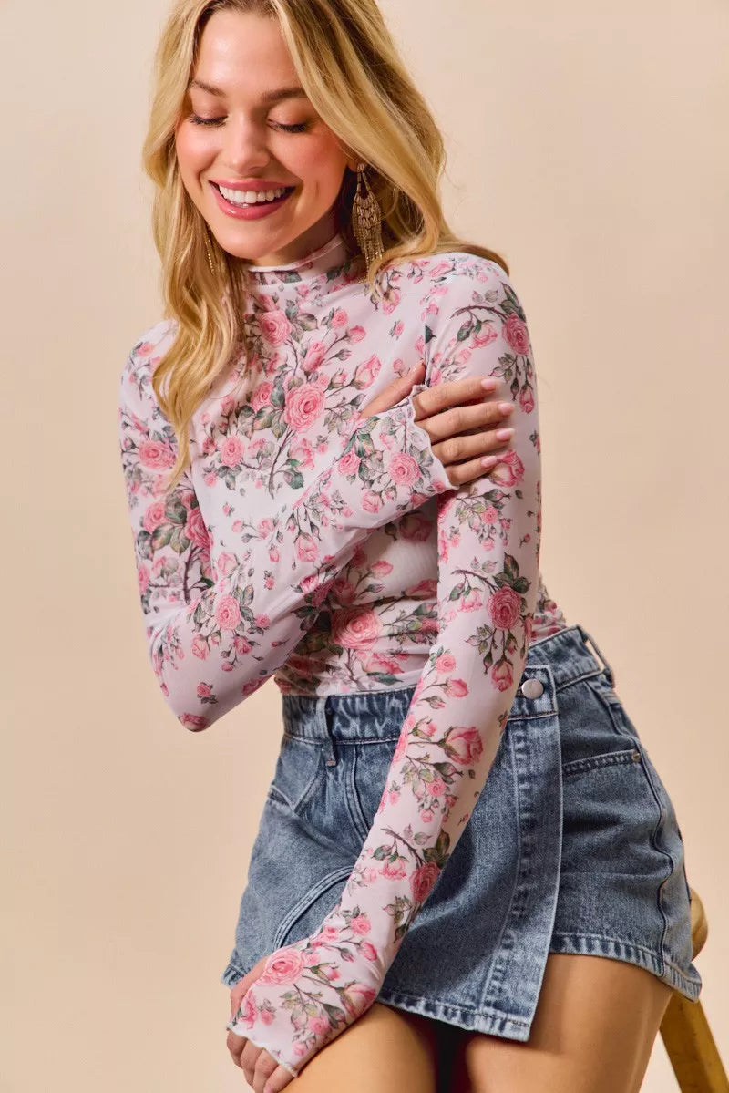 Floral Rose Print Mesh Sheer Layering Top So Me