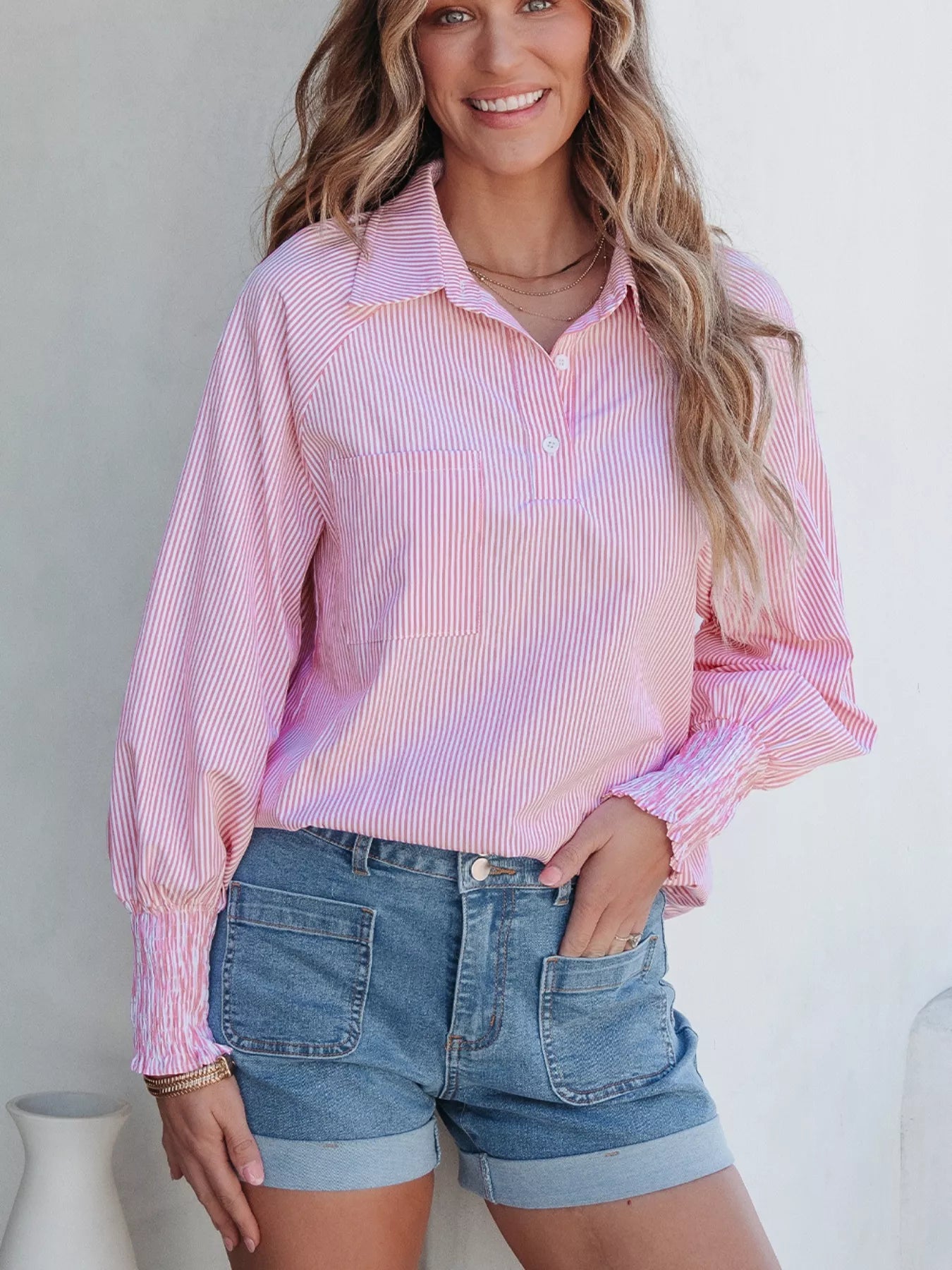 Pinstripe Long Sleeve Smocked Cuffs Button Shirt Collar Blouse Simmer & Fay