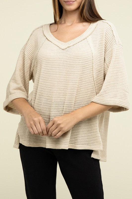 Brushed Waffle Relaxed 3/4 Sleeve Top ZENANA BEIGE S/M 