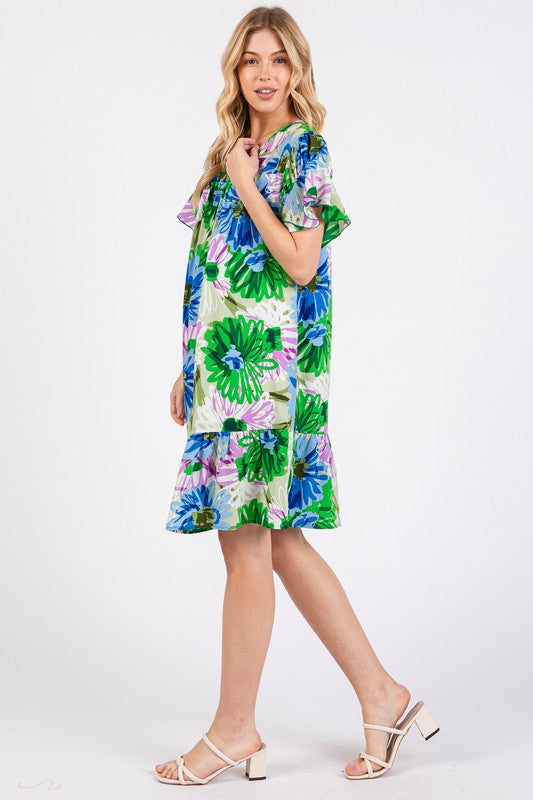 Floral Ruffled Short Sleeve Dress Ces Femme