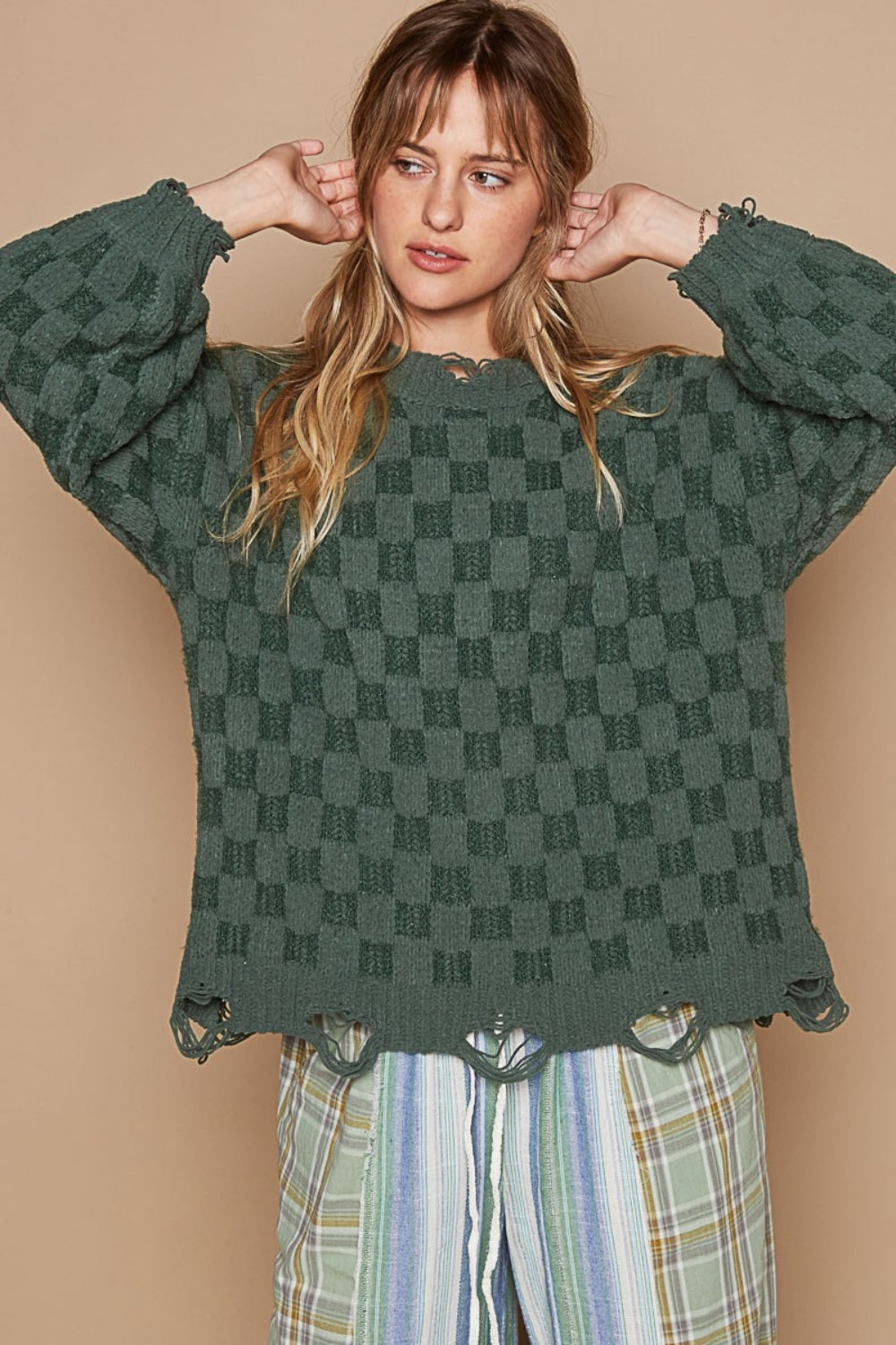 Checkered Distressed Edge Sweater POL Forest Green S 