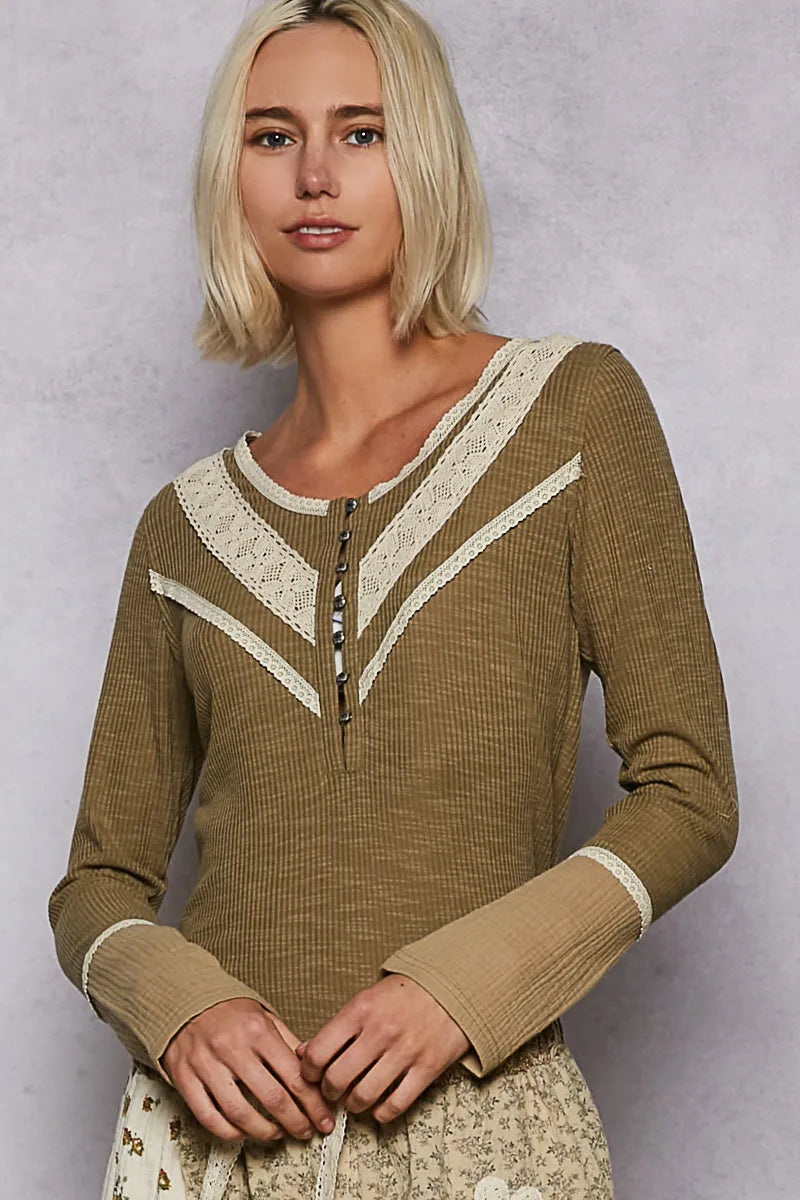 Ribbed Half Button Lace Detail Knit Top POL
