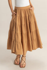 Double Gauze Tiered Midi Skirt with Pockets HYFVE Camel S