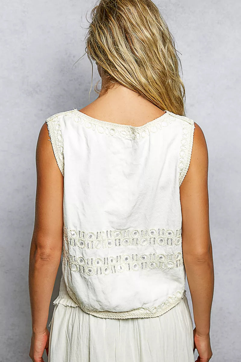Embroidered Floral V-Neck Button Down Crochet Vest POL