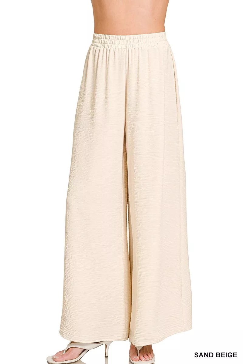 Woven Airflow Elastic Waistband Pants ZENANA SAND BEIGE S