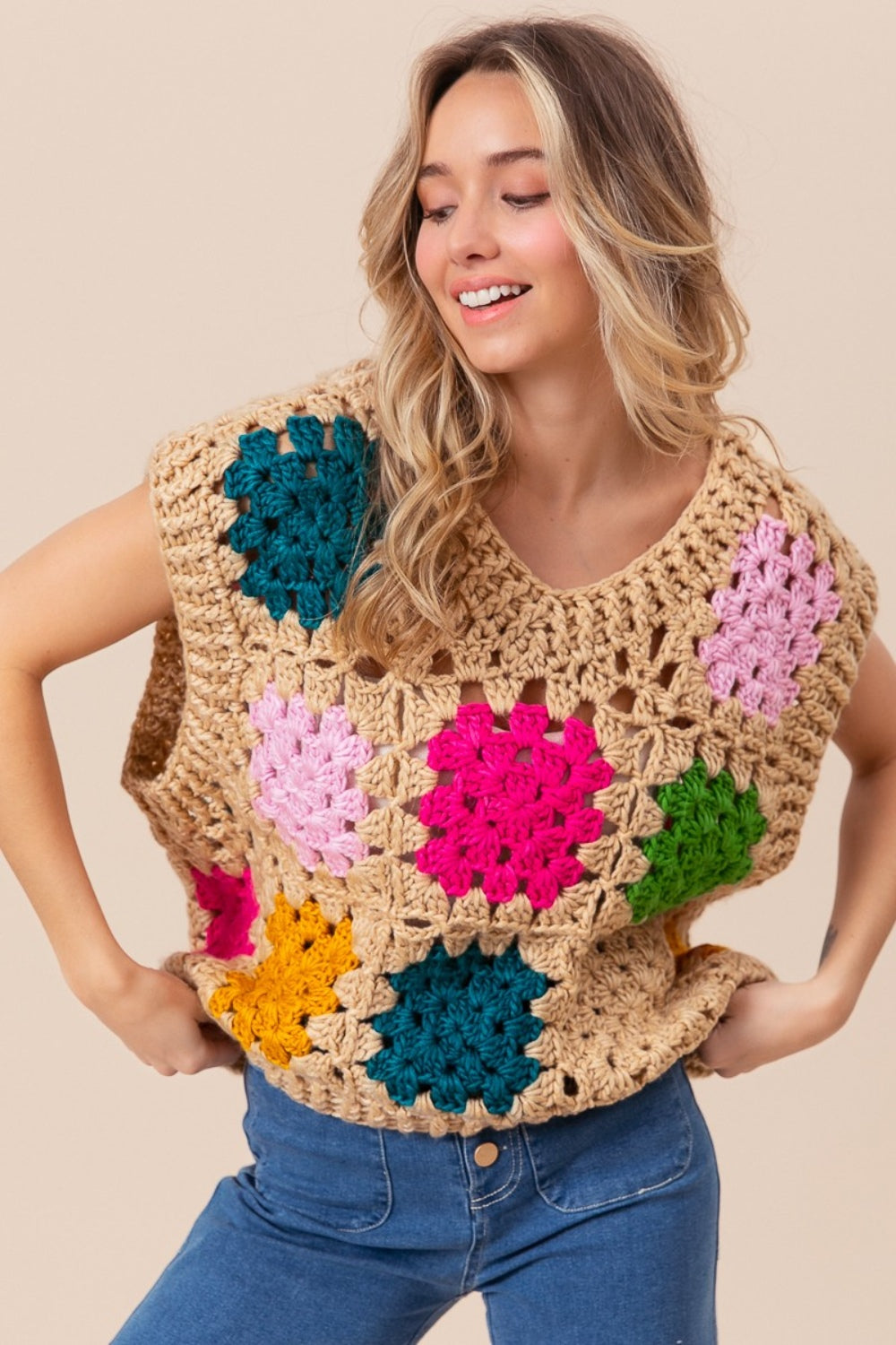 Granny Square Openwork Sweater Vest BiBi Taupe S 