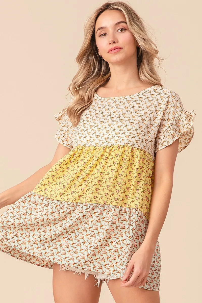 Floral Printed Woven Color Block and Tiered Top BiBi