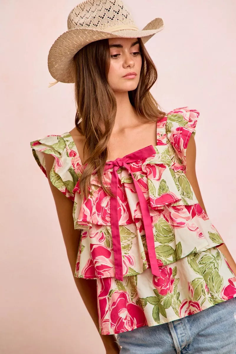 Floral Print Woven Bow Tie Ruffle Square Neck Top BiBi