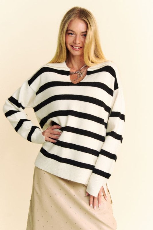 High-Low Side Slit Striped Johnny Collar Sweater Davi & Dani White S 