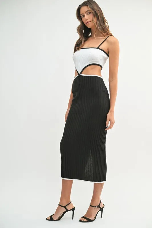 Ribbed Knit Color Block Cutout Midi Dress Mable