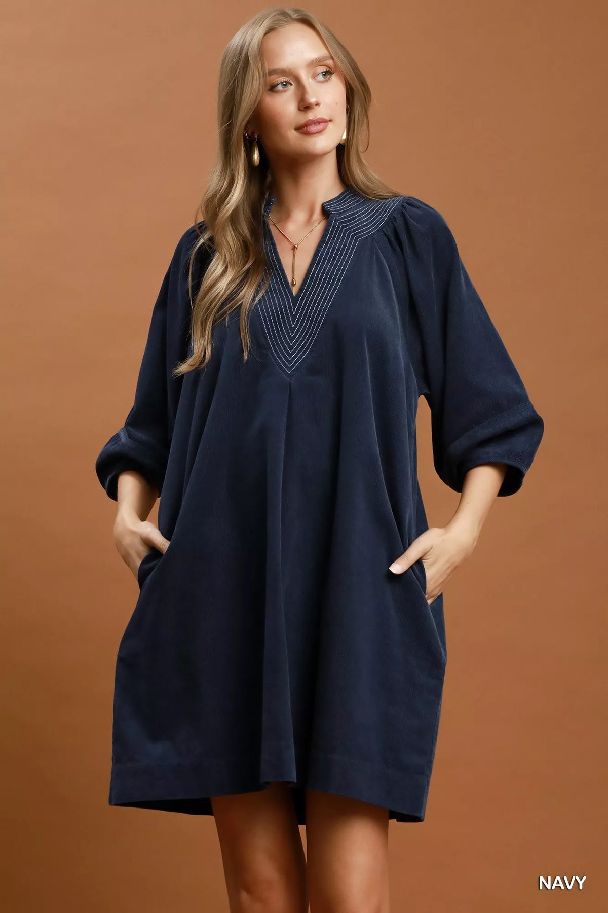 Simmer & Fay navy Umgee corduroy V-neck puff sleeve shift dress with pockets