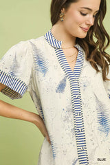 Linen Printed Button-Front Tiered Mini Dress Umgee