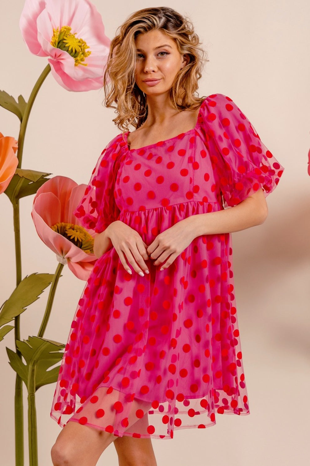 Polka Dot Mesh Puff Sleeve Dress BiBi   