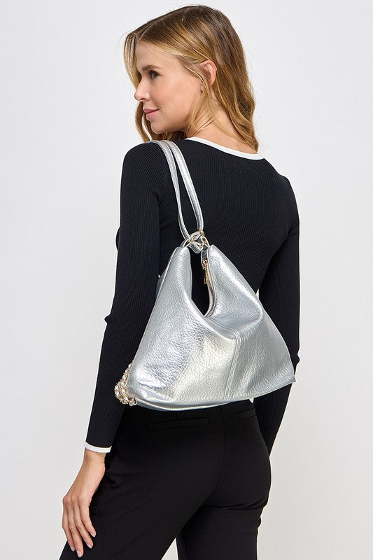 Faux Leather Hobo Bag with Gold Chain Detail Fame   