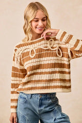 Striped Open Knit Sweater Top with Front Braided Detail BiBi