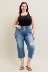 Plus Size High Waist Back Destroy & Raw Cut Hem Crop Wide Judy Blue