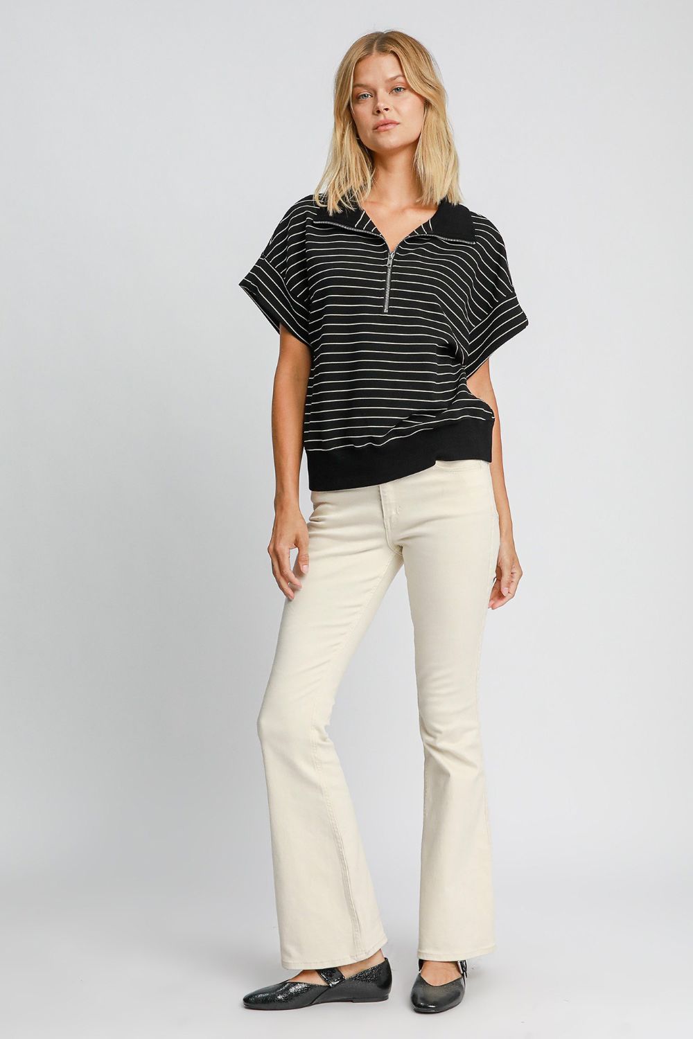 Striped Half Zip Short Sleeve Sweatshirt Umgee