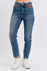 High Waist Plaid Patch Slim Fit Jeans Plus Size Judy Blue