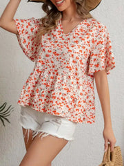 Floral Print V-Neck Ruffle Sleeve Peplum Blouse Simmer & Fay