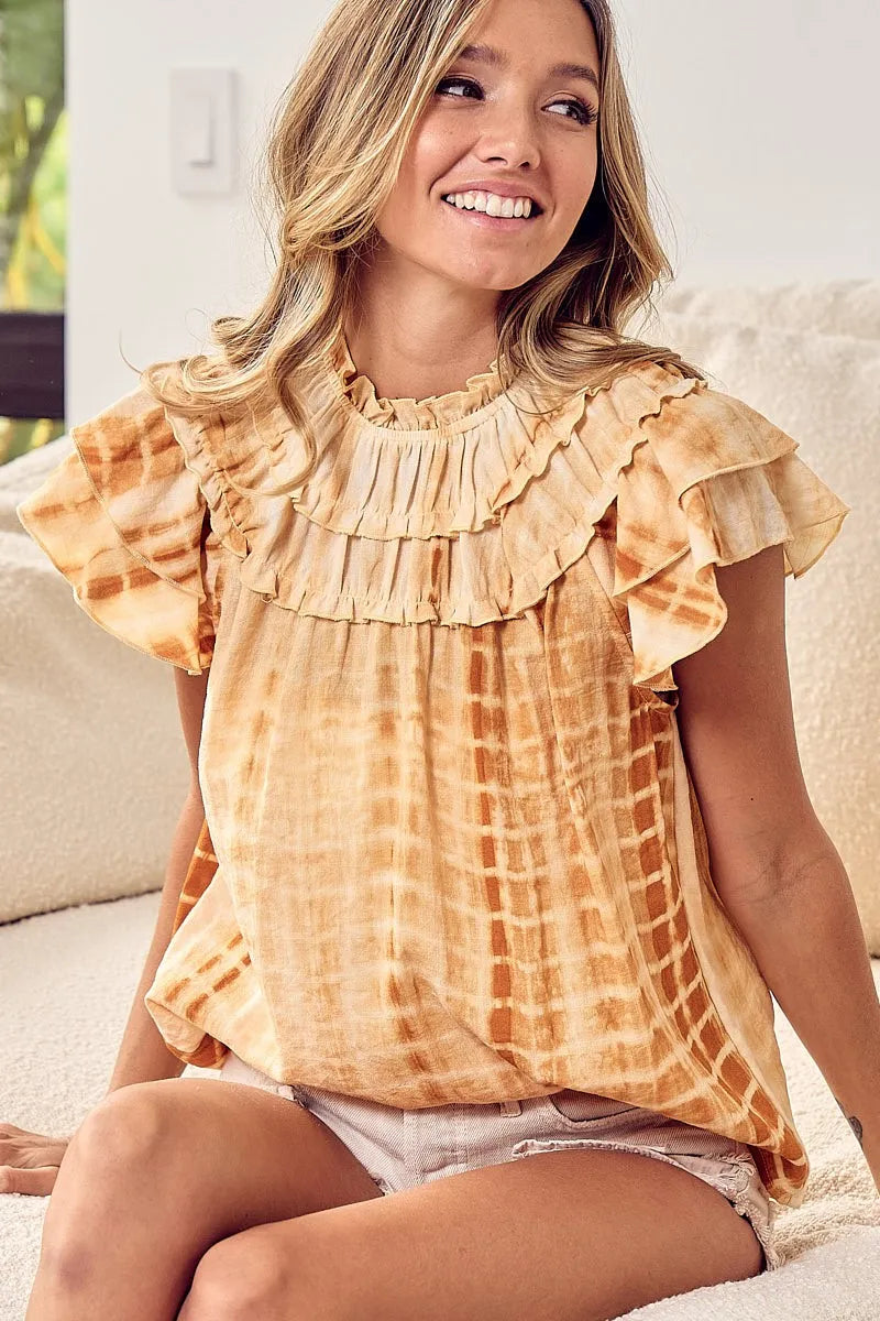 Tiered Ruffle Neck Tie Dye Top BiBi