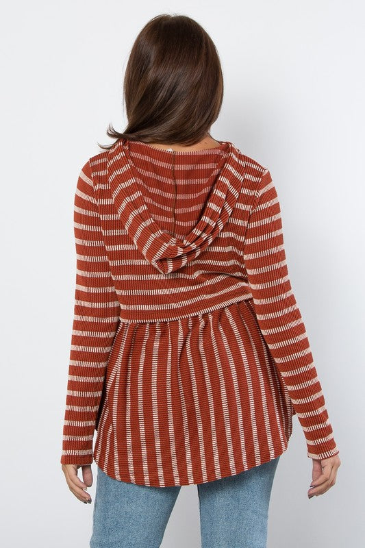 Be Stage Full Size Drawstring Striped Babydoll Hoodie Trendsi