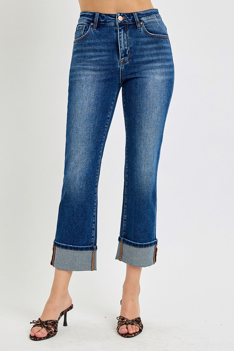 High Rise Ankle Straight Cuffed Jeans With Plus Size Risen