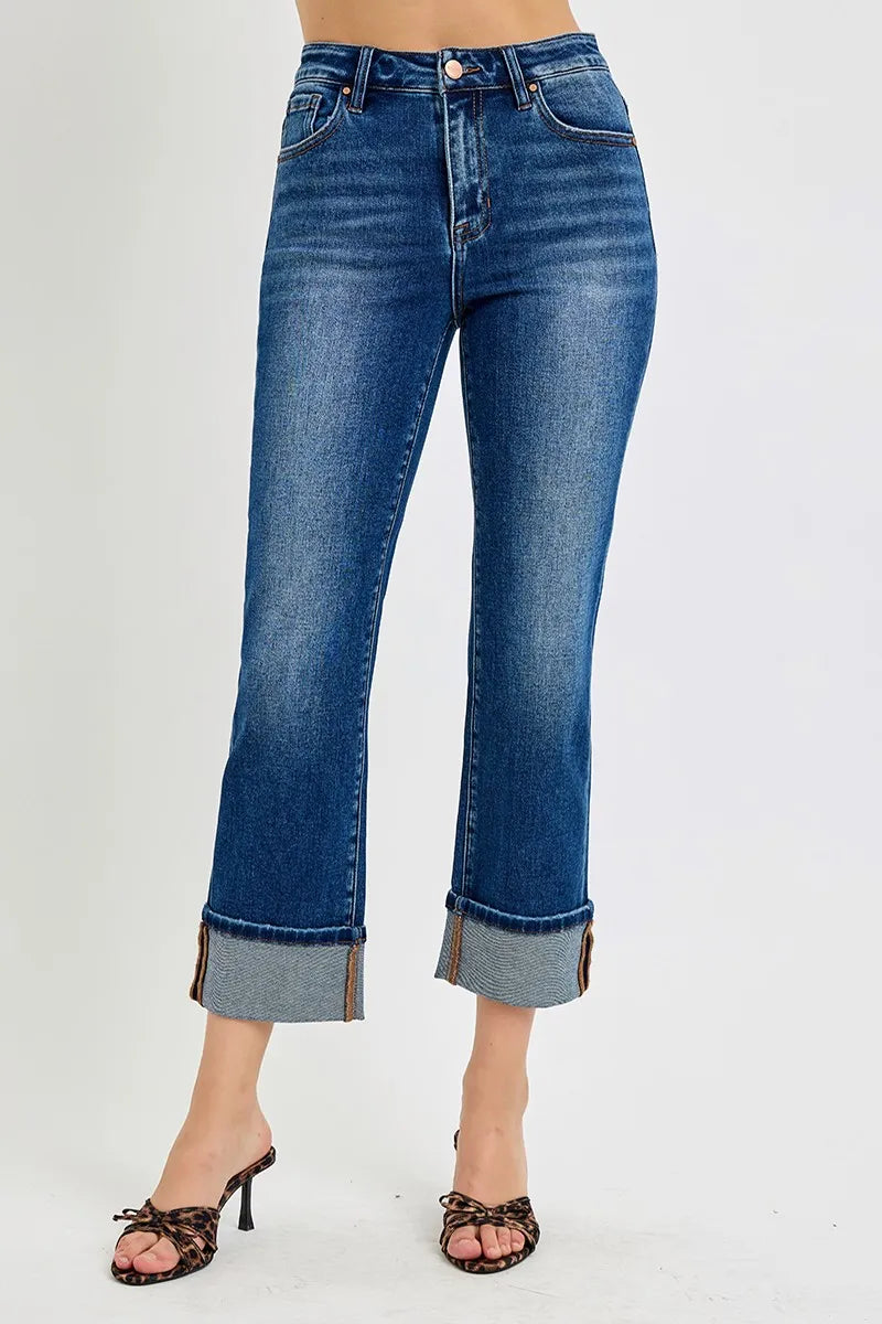 High Rise Ankle Straight Cuffed Jeans With Plus Size Risen Dark 0