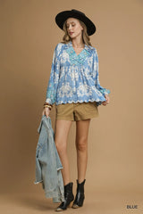 Ruffled Paisley Printed Long Sleeve Blouse Umgee