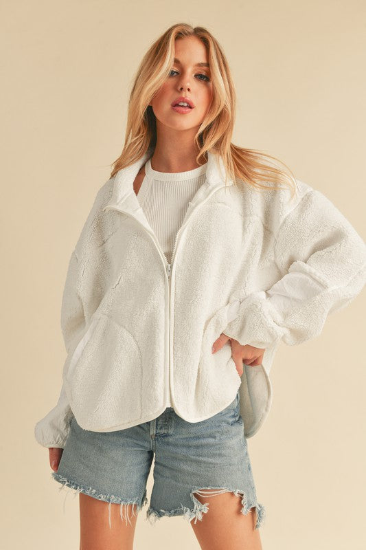 Zip Up Drop Shoulder Fleece Jacket Aemi + Co White S 