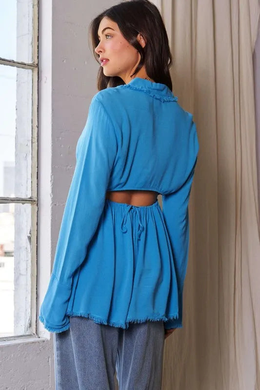 Davi & Dani V-Neck Open Back Adjustable Babydoll Shirt Trendsi