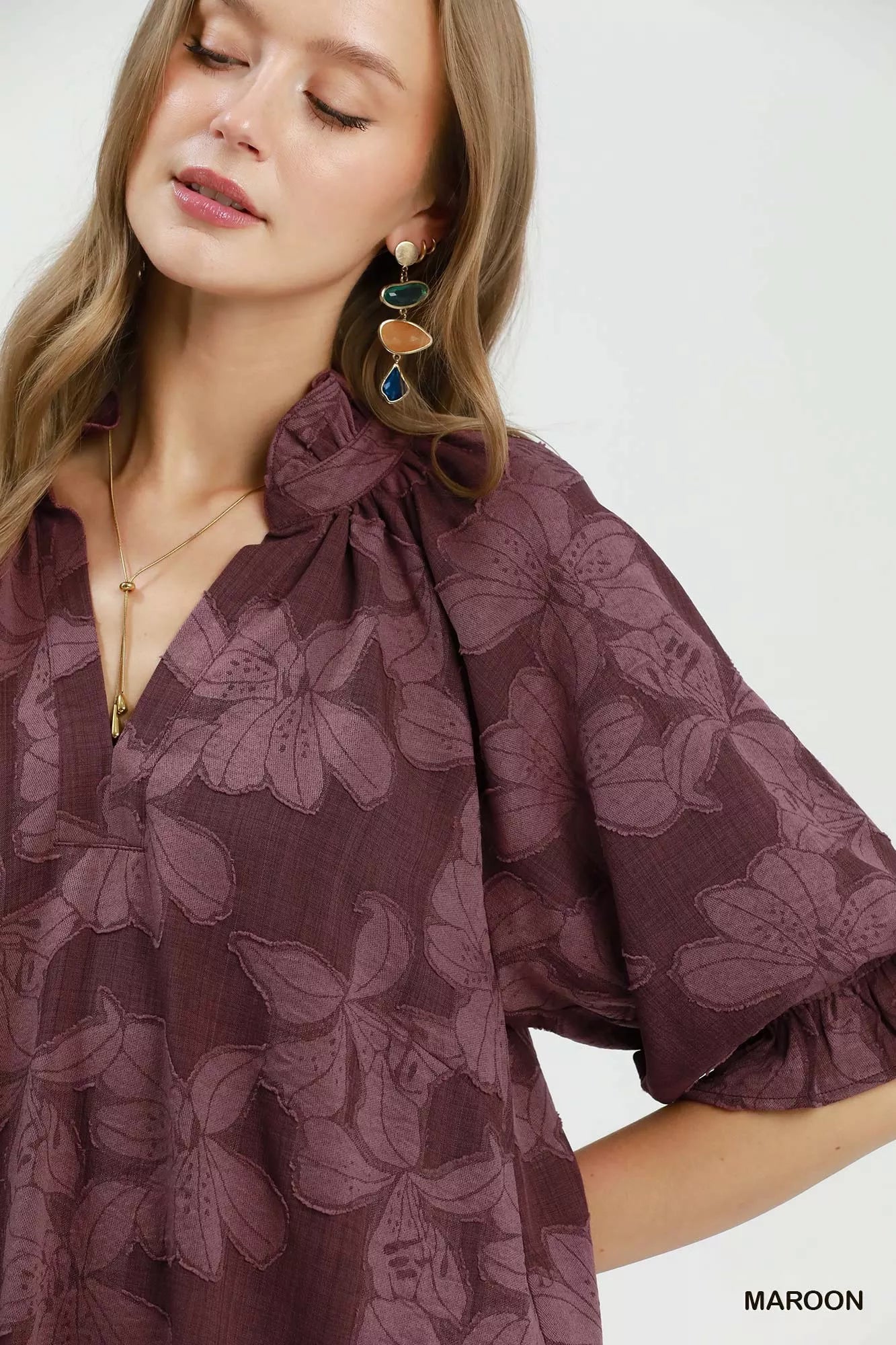 Floral Textured Jacqaurd V-Neck Dress Umgee