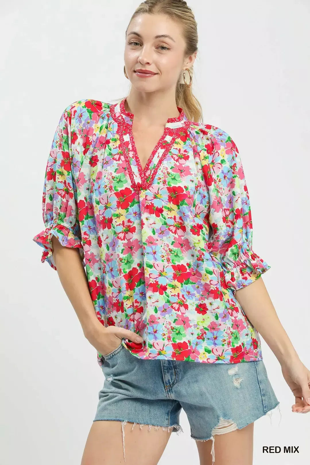 Mix Floral Print Ruffle Top Umgee RED MIX S