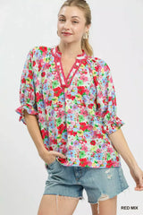 Mix Floral Print Ruffle Top Umgee RED MIX S