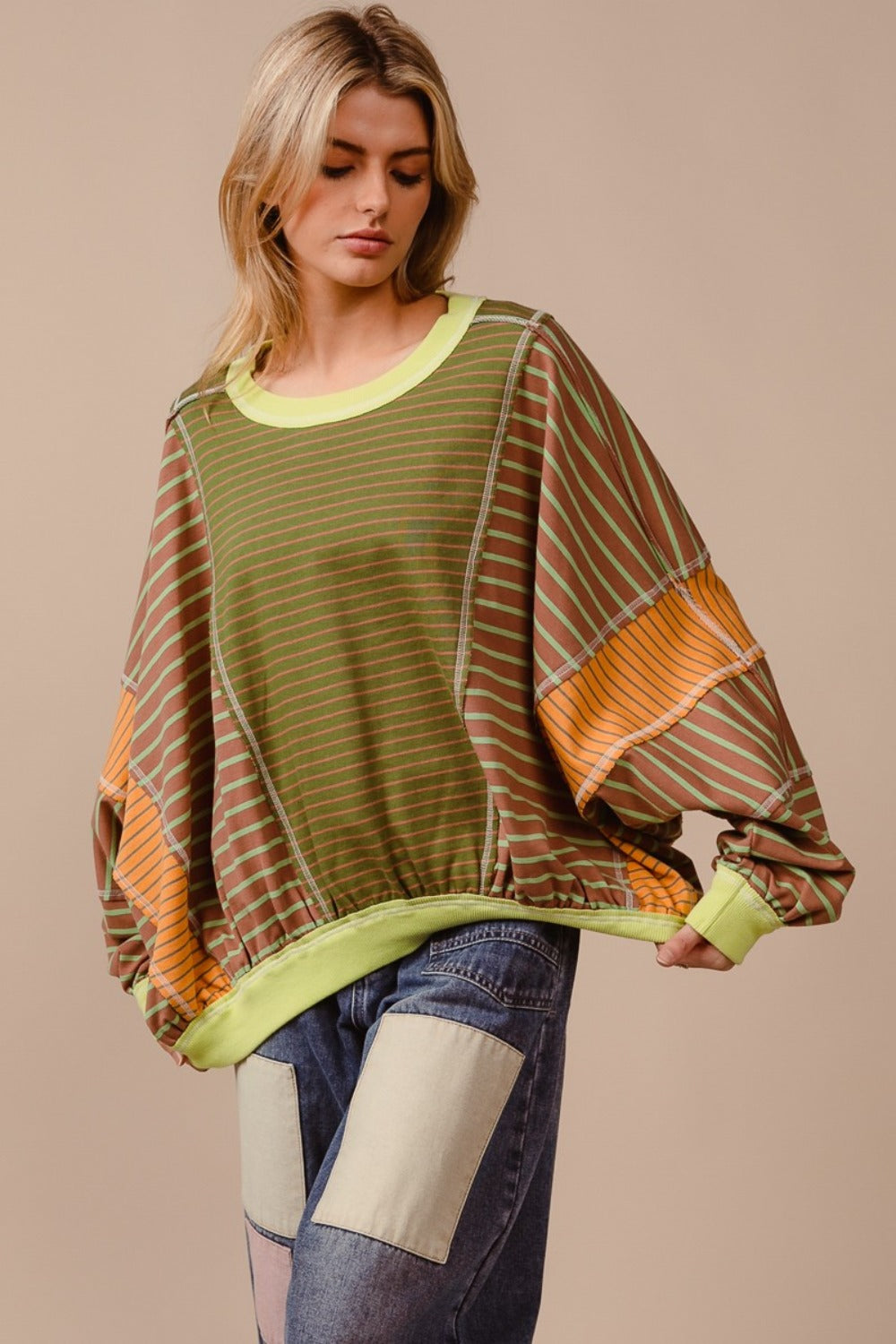 Color Block Striped Round Neck Sweatshirt BiBi   