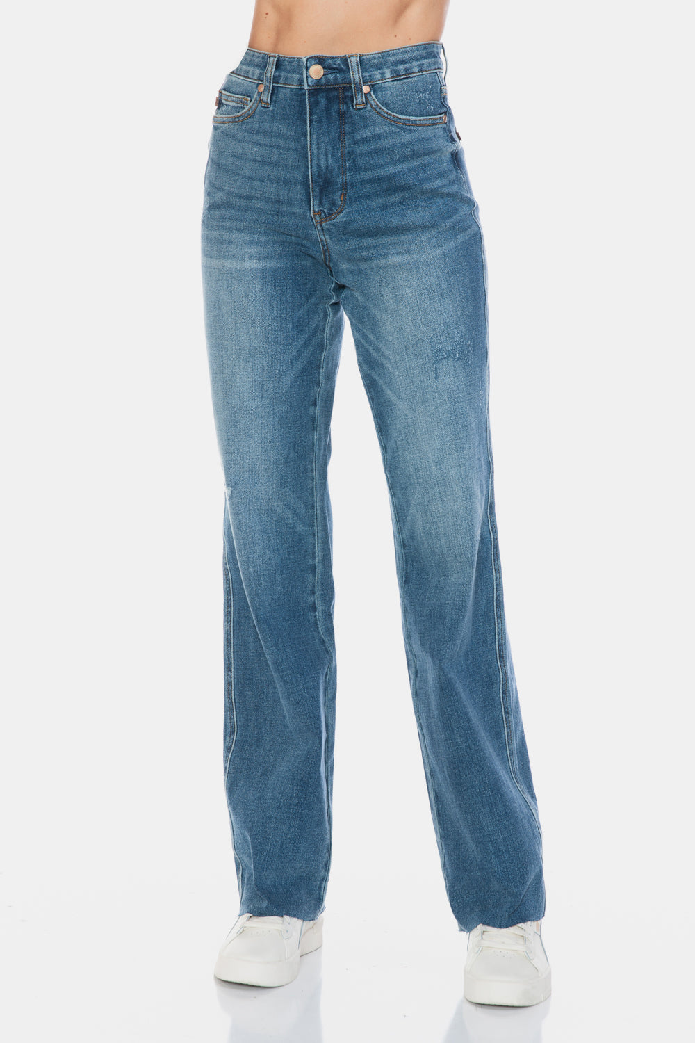 Tummy Control Cut Raw Hem Straight Jeans Judy Blue   