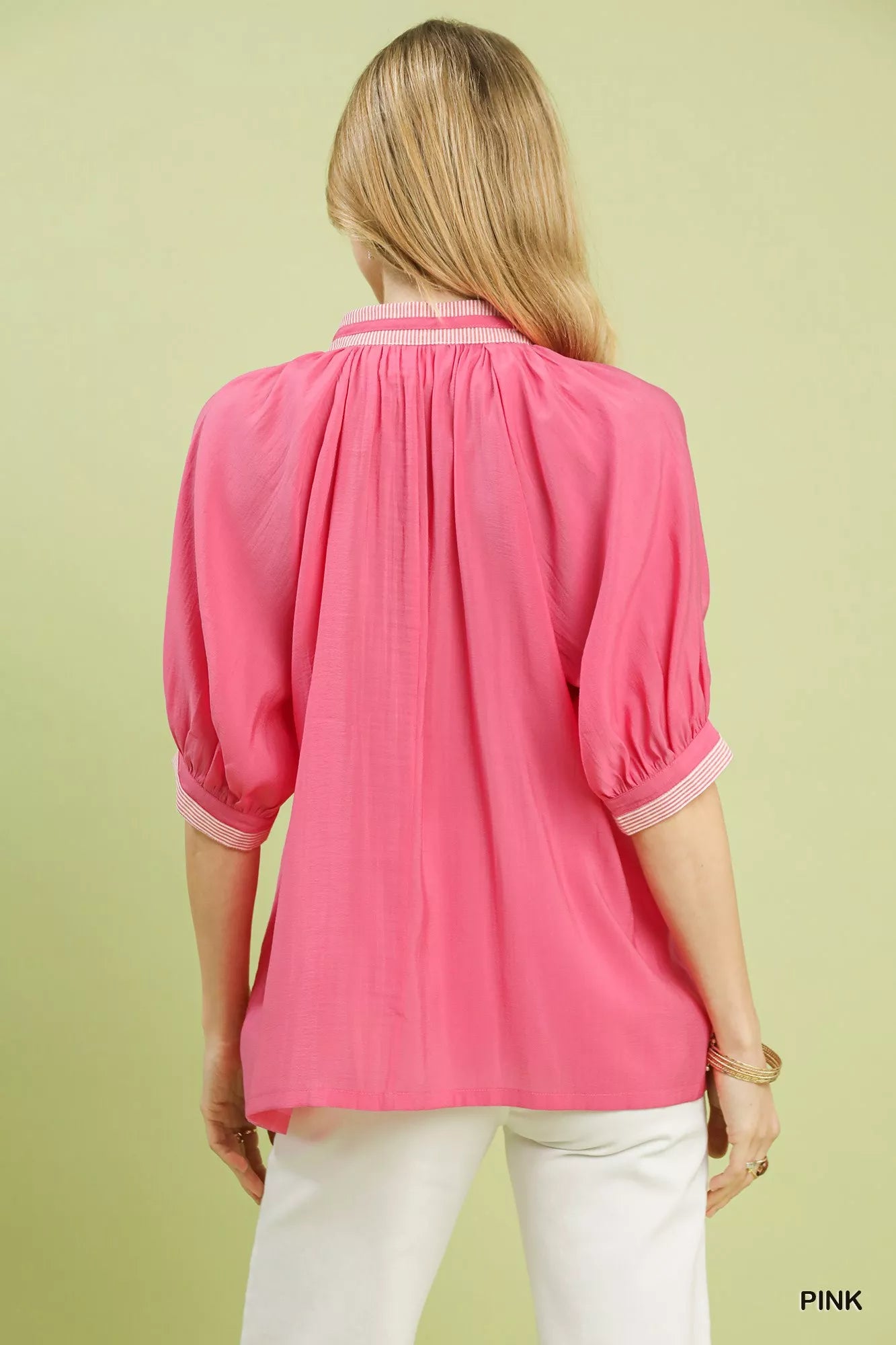 Solid Contrast Trim Pleated Top Umgee