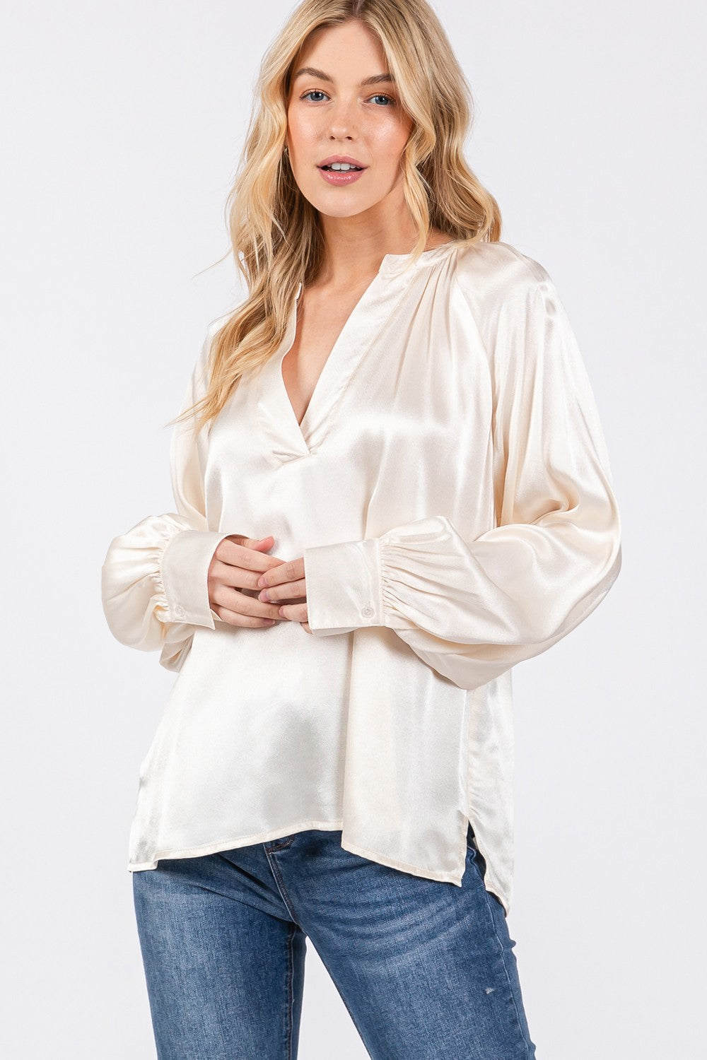 Notched Long Sleeve Raglan Blouse Sage + Fig   