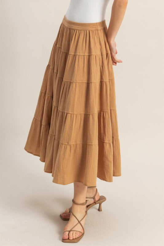 Double Gauze Tiered Midi Skirt with Pockets HYFVE