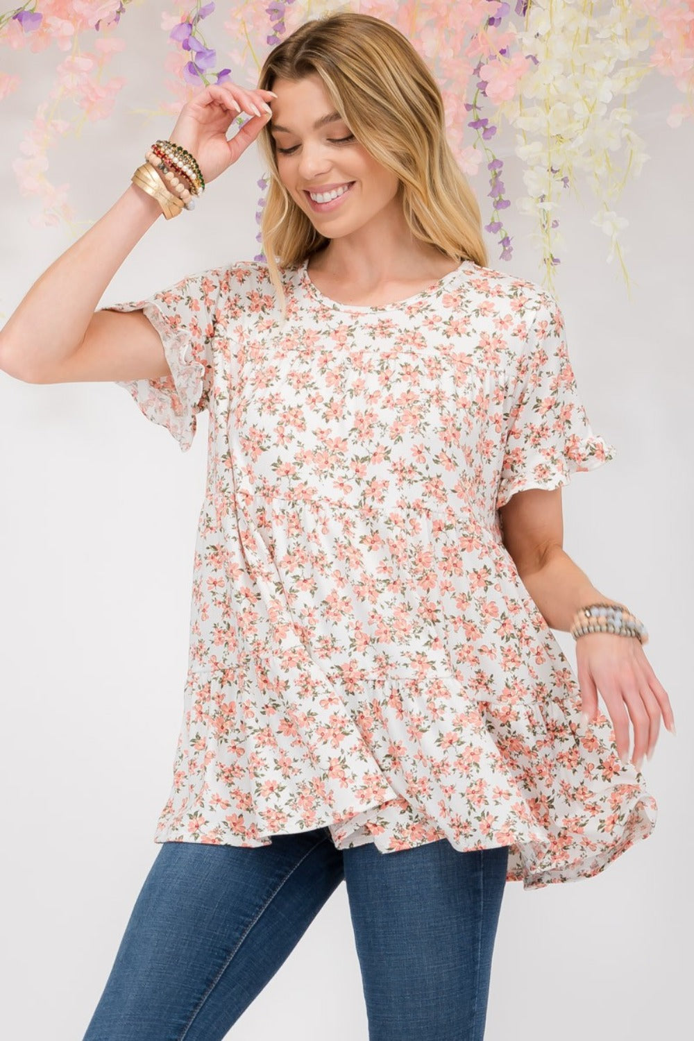 Floral Ruffled Short Sleeve Tiered Top Celeste Ivory Floral S 