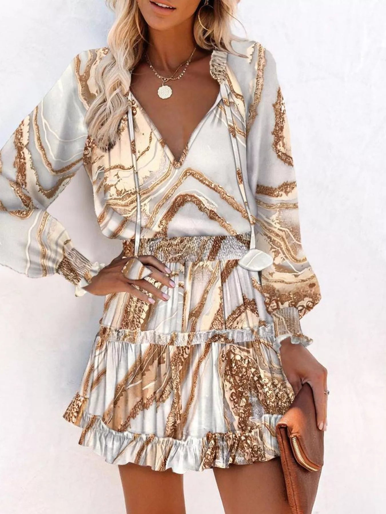 Tie Neck Lantern Sleeve Dress Simmer & Fay Camel S