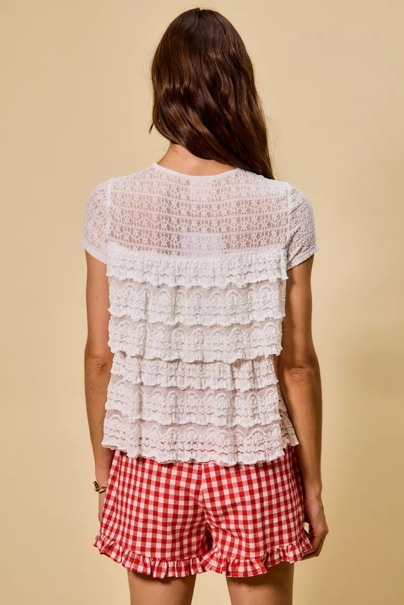 Ruffle Tiered Stretch Lace Short Sleeves Knit Top So Me